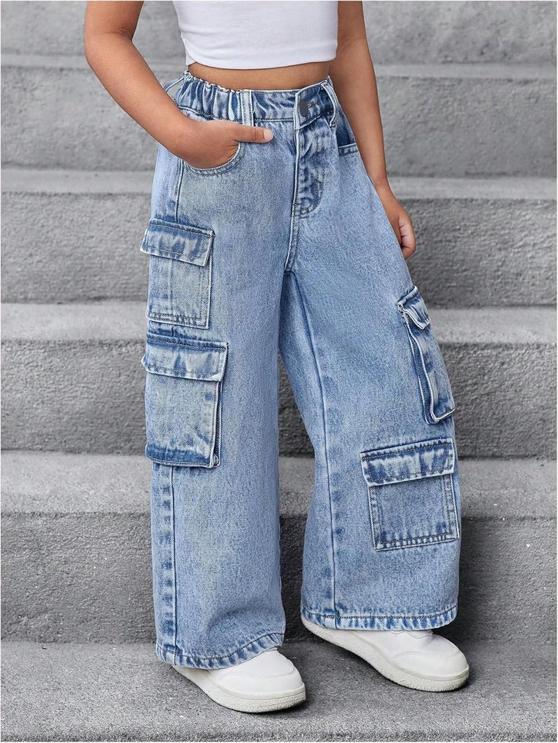 WDIRARA Toddler Girl's Wide Leg Cargo Jeans High Waisted Baggy Denim Pants - Image 2